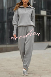 Solid Color Long-sleeved Zip-up Sweatshirt and Elastic Waist Loose Pocket Pants Set