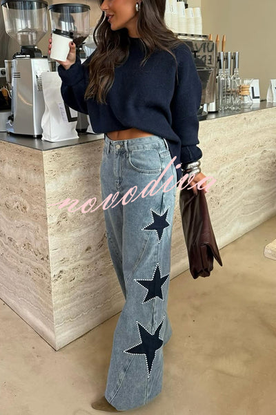 Jessy Denim Mid Rise Side Star Pattern Pocket Wide Leg Jeans