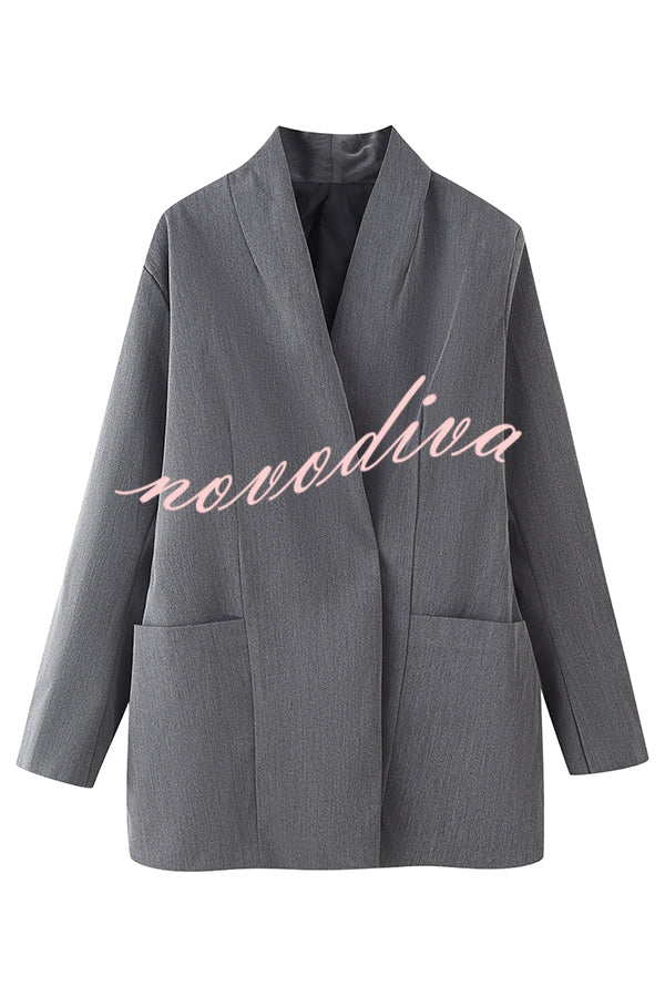 Solid Color Lapel Long Sleeve Casual Pocket Long Blazer