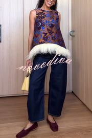 Emina Floral Feather Trim Trapezoidal Silhouette Asymmetrical Hem Top