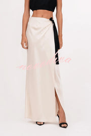 Black and White Classic Satin High Neck Crop Top and Wrap Tie-up Slit Maxi Skirt Set