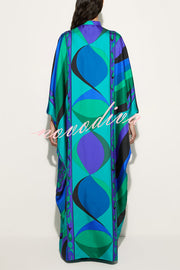 Holiday Choice Satin Unique Print Drape Wide Sleeve Loose Kaftan Maxi Dress