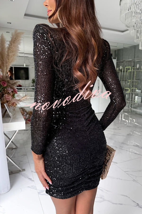 Dreamy and Dazzling Sequin Mesh V-neck Long Sleeve Ruched Stretch Mini Dress