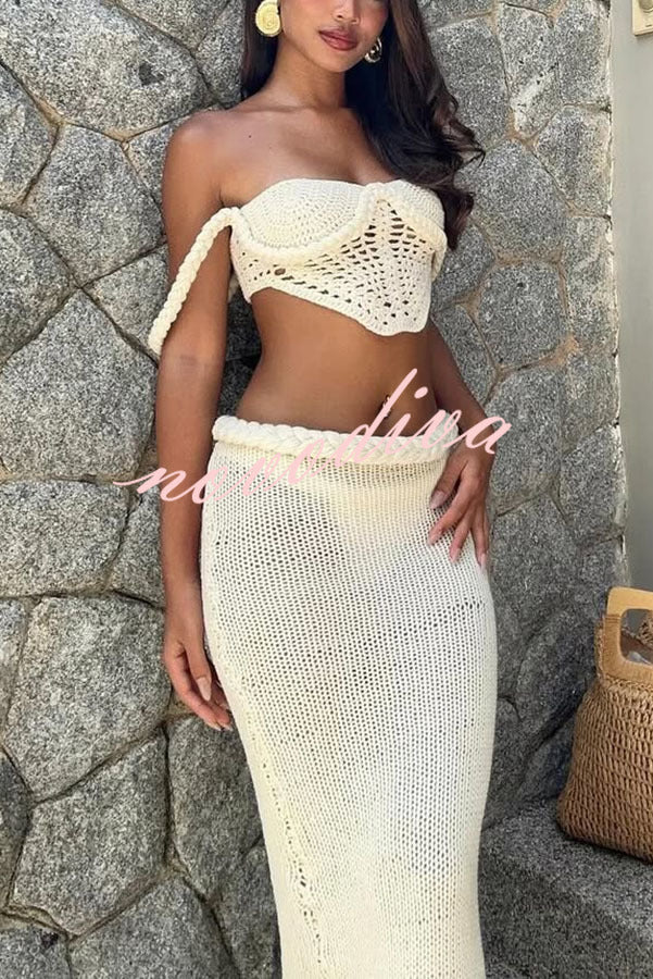 Kala Crochet Knit Braid Waist Slit Stretch Maxi Skirt