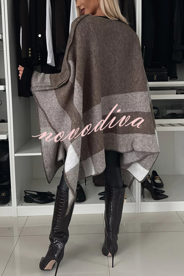 Calm and Elegant Knit Plaid Color Block Batwing Sleeve Loose Poncho