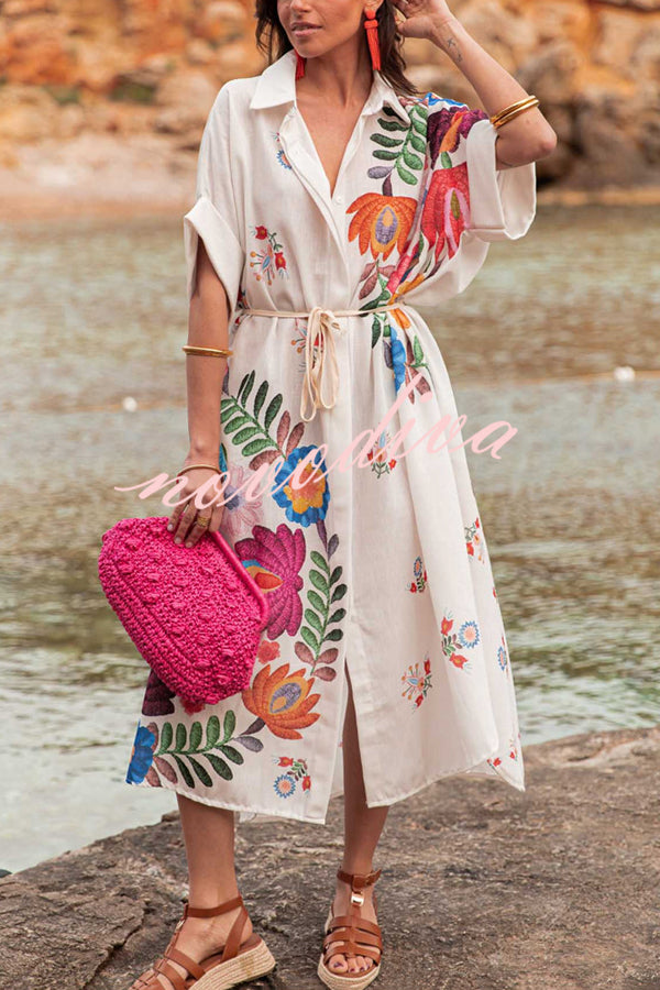 Plant Print Lapel Short Sleeve Waist Tie Loose Vacation Midi Dress