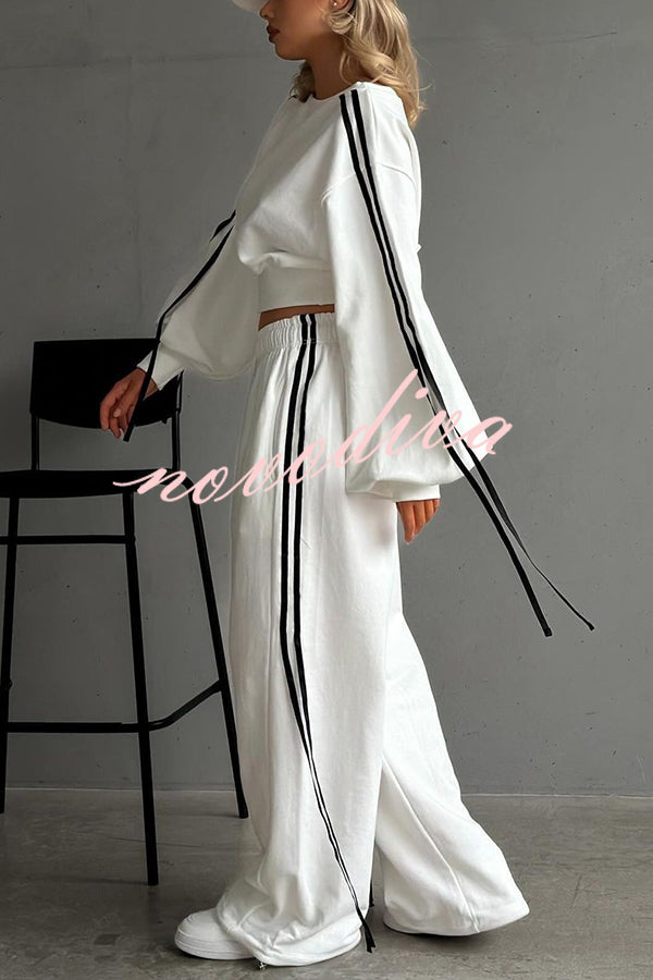 Contrast Color Webbing Casual Sweatshirt and Elastic Waist Tie Loose Pants Set