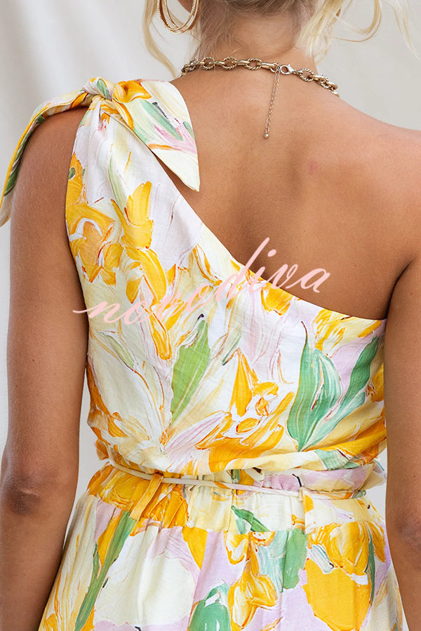 Soleila Floral Print One Shoulder Tie-up Crop Top and Elastic Waist Pocket Loose Pants Set