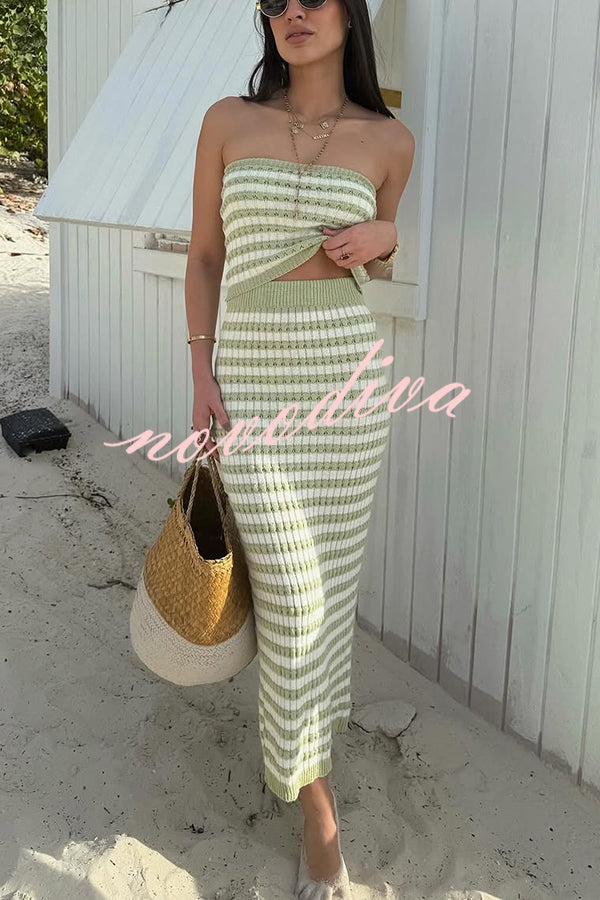 Bahamas Beach Knit Colorblock Stripes Bandeau Top and High Rise Stretch Maxi Skirt Set