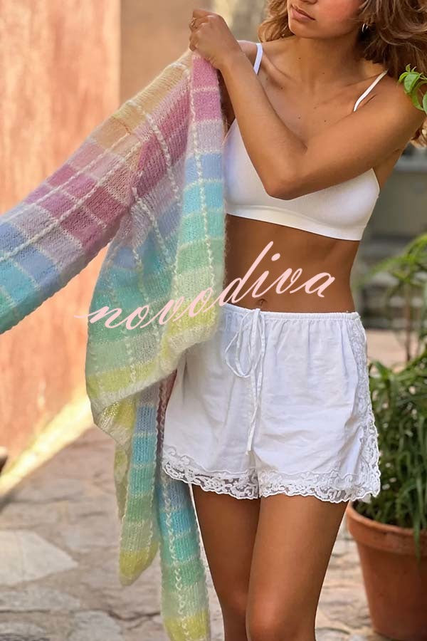 Palette Day Knit Color Blocks Open Front Balloon Sleeve Loose Cardigan