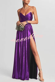 Goddess Temperament Metallic Pleated Fabric Off Shoulder Slit Maxi Dress