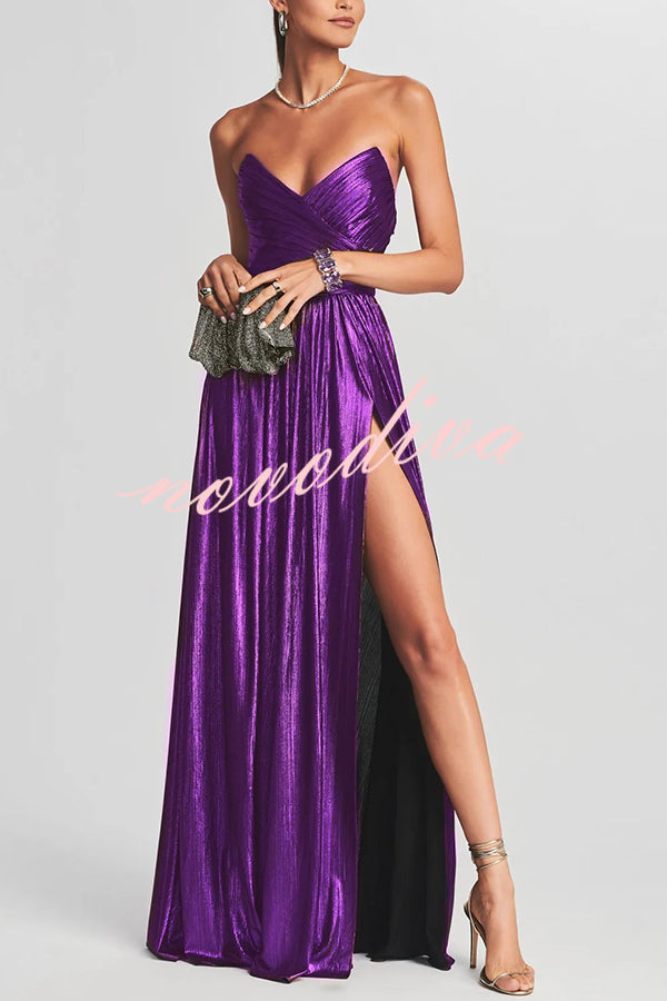 Goddess Temperament Metallic Pleated Fabric Off Shoulder Slit Maxi Dress