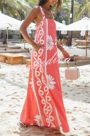 Unique Print Square Neck Open Back Tie Bow Holiday Maxi Dress