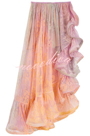 Tesley Lace Gradient Print Elastic Waist Irregular Ruffles Maxi Skirt