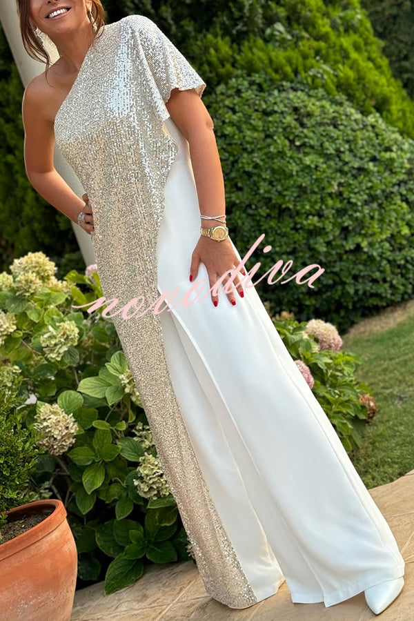 Party Favors Sequin One Shoulder Ruffle Detail Wide Leg Evening Jumpsuit