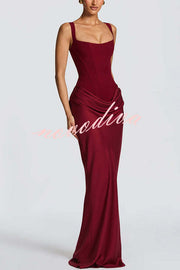 Larrah Square Neck Back Lace-up Satin Drape Hem Maxi Dress
