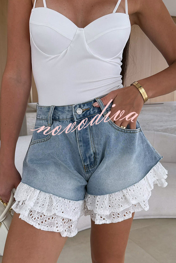 Brooke Denim High Waist  Pocket Layered Lace Trim Loose Shorts