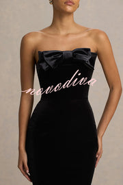 Illusion Velvet Bandeau neck Bow detail Stretch Maxi Dress