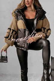 Stylish Denim Knit Long-sleeved Patchwork Hooded Pocket Thickened Jacket