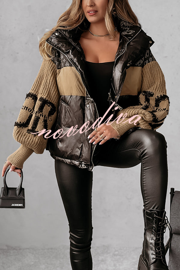 Stylish Denim Knit Long-sleeved Patchwork Hooded Pocket Thickened Jacket