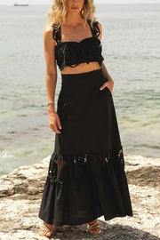 Summer City Hollow Lace Crop Tank and Elastic Waist Pocketed A-line Maxi Skirt Set