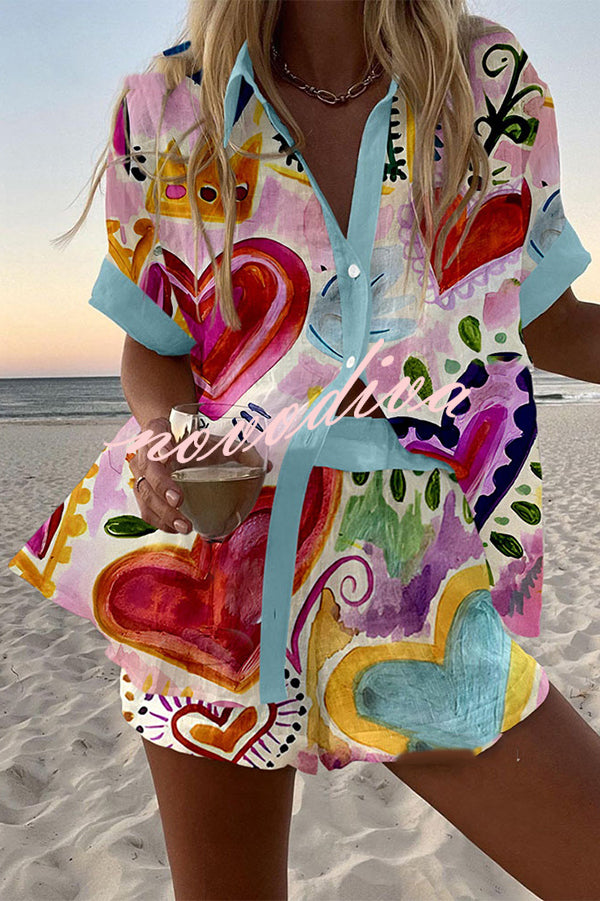 Colorful Heart Print Loose Button Elastic Waist Shorts Set