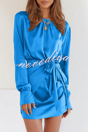 Satin Round Neck Long Sleeve Elastic Tie Mini Dress