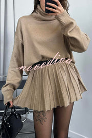 Solid Color Casual Preppy Knit Top and Knit Stretch Pleated Mini Skirt Set