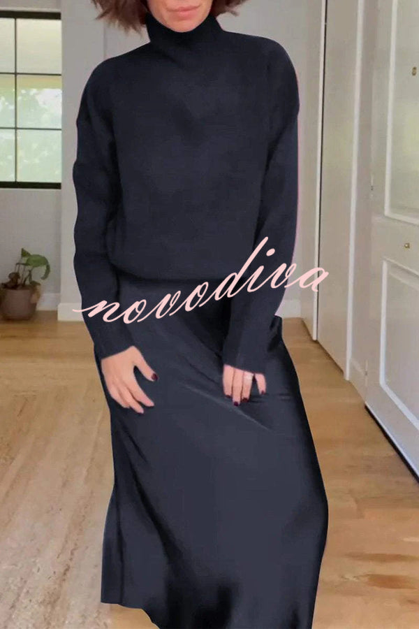 Jaelyn Solid Color Turtleneck Long Sleeve Sweater and Satin Elastic Waist Maxi Skirt Set