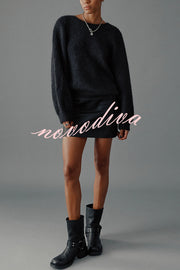 Chunky Season Knit Mohair-blend Long Sleeve Open Back Knot Design Loose Sweater