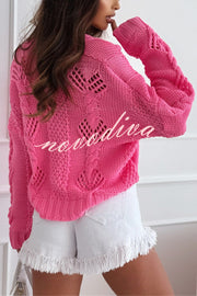 Fashion Hollow Long Sleeve V-neck Button Loose Knitted Cardigan