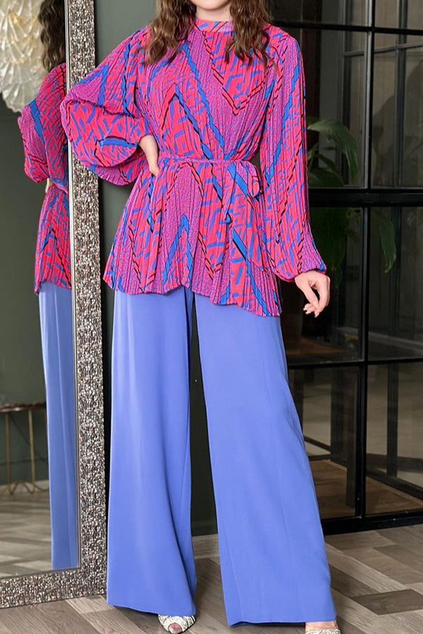 Unique Printed Puff Sleeve Pleated Loose Top and Casual Wide-leg Pants Set