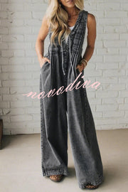 Fashionable and Casual Sleeveless V-neck Lace-up Loose Pocket Jumpsuit