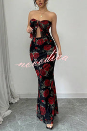 Floral Print Sexy Bandeau Lace-up Top and Slim Mesh Stretch Maxi Skirt Set