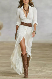 Fashion Lapel Single-breasted Waist Shirt-style Maxi Dress