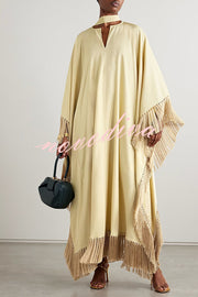 Excellent Drape Crepe Ribbon Neck Fringed Trim Kaftan Maxi Dress