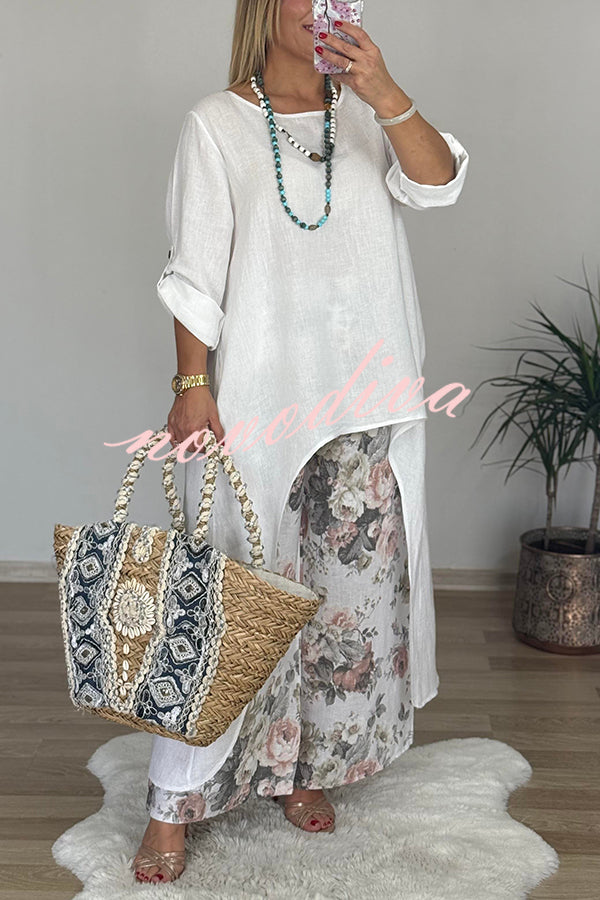 Linen Blend Crew Neck Long Sleeve Irregular Loose Top and Elastic Waist Floral Print Casual Pocket Set