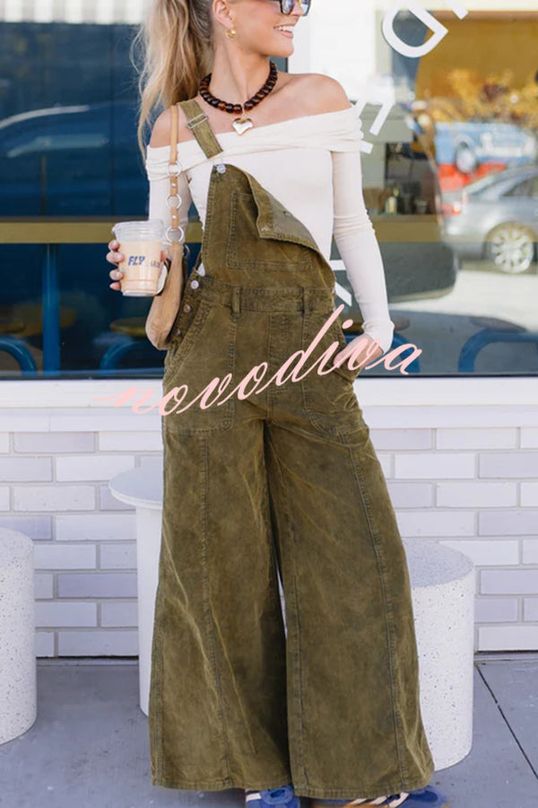 Falling Leaves Corduroy Metal Buckle Pocket Wide Leg Jumpsuit Overalls