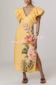 Plant Print V-neck Open Back Holiday Style Slit Midi Dress