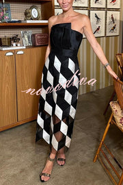 Sexy Tube Top and Backless Rhombus Contrast Midi Dress