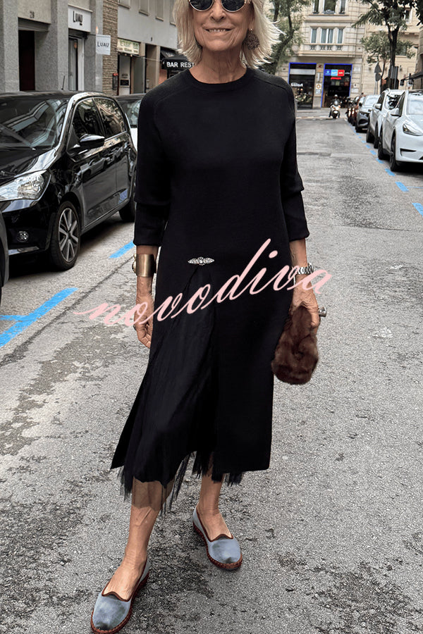 Jollie Knit Long Sleeve Front Slit Midi Sweater and Pleated Tulle Stretch Tank Midi Dress Two-piece Set