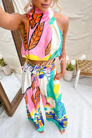Maison Linen Blend Unique Print High Neck Top and Elastic Tie-up Waist Pocket Wide Leg Pants Set