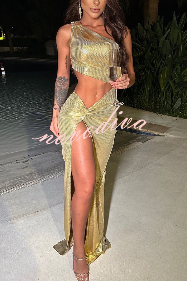 Athena Ray Metallic Fabric Ring One Shoulder Cutout Slit Maxi Dress