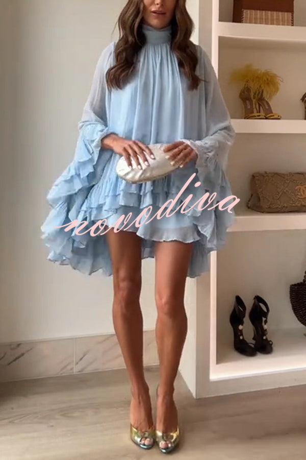 Solid Color Chiffon Trumpet Sleeve Loose Mini Dress