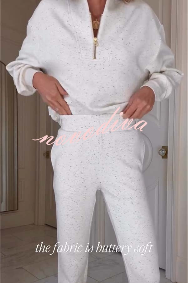 Ivory Marl Fleck Half-Zip Neck Long Sleeve Sweatshirt and Elastic Waist Pocket Jogger Set