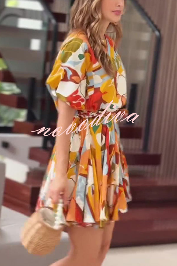 Unique Printed Round Neck Short Sleeve Waist Tie Vacation Mini Dress