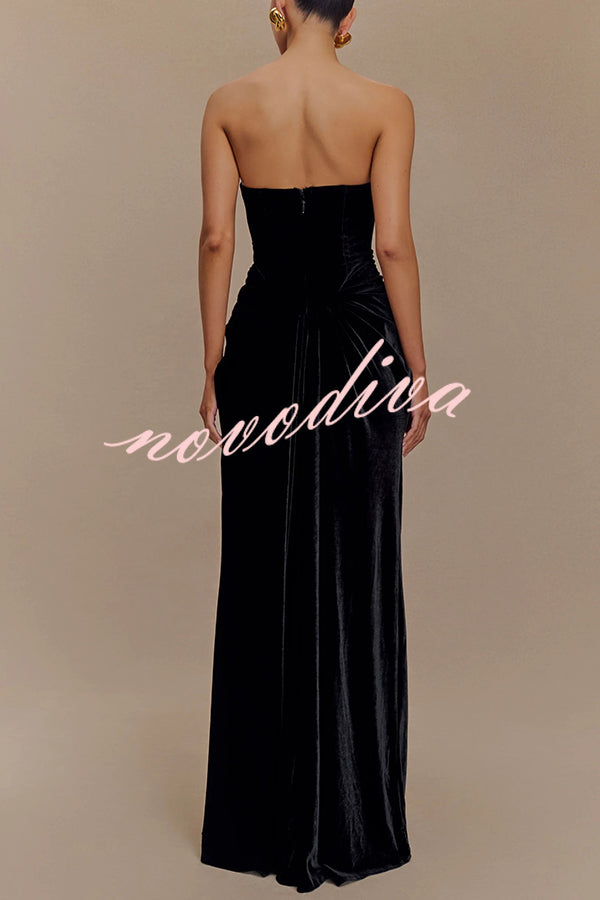Paige Velvet Off Shoulder Side Pleated Hip Drape Maxi Dress