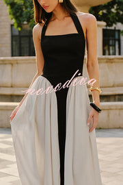 Fashion Contrast Color Stitching Sleeveless Backless Slim Maxi Dress