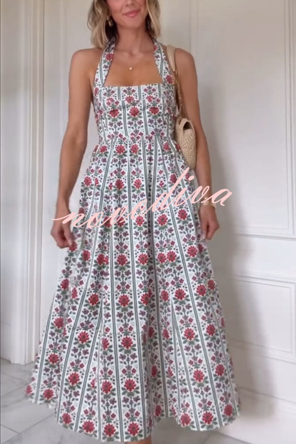 Summer Event Linen Blend Floral Pocketed Halter Maxi Dress