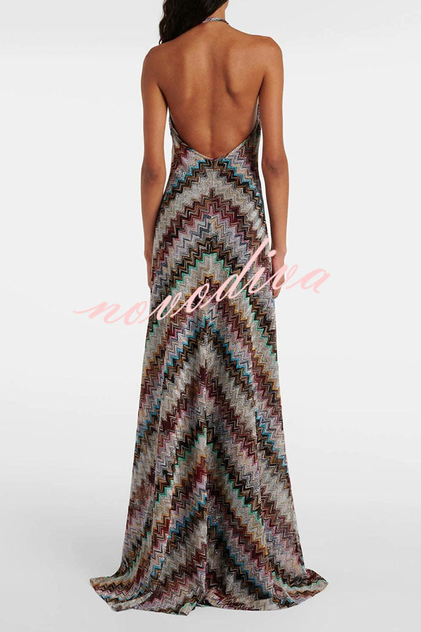 Jodie Knit Colorful Herringbone Print Halter Open Back Maxi Dress